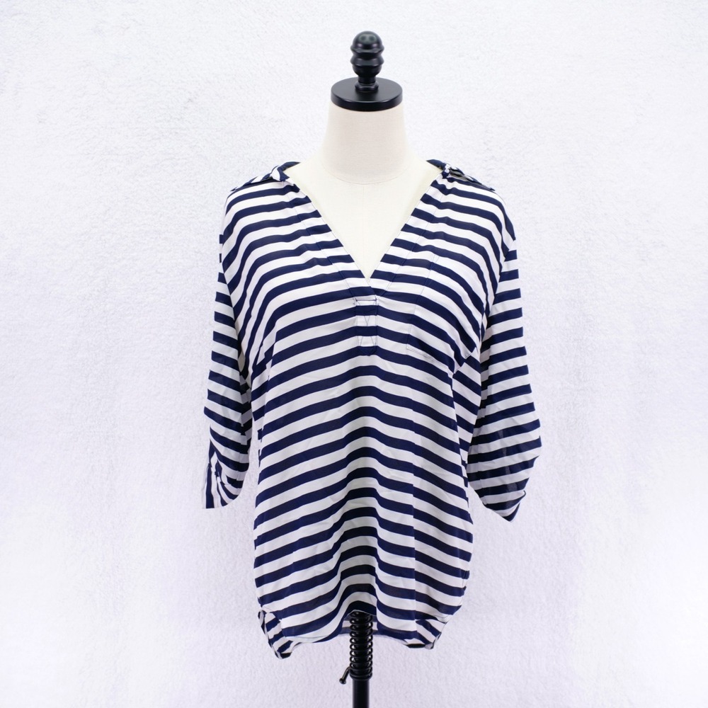 New York & Company -Small- Blue White Striped Top Roll Tab Sleeve V-Neck Hi Low